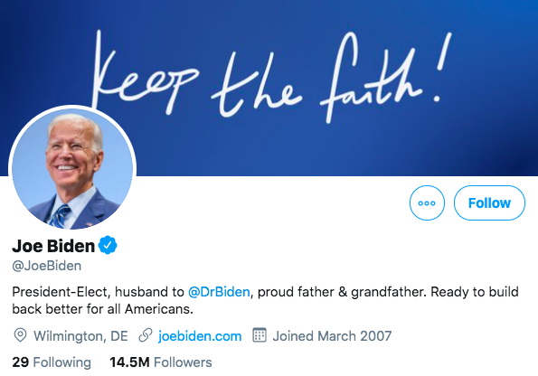inquirerdotnet's tweet photo. LOOK: @JoeBiden and @KamalaHarris have updated their bios on Twitter to President-Elect and Vice President-Elect respectively. https://t.co/tHvQPeCjTB