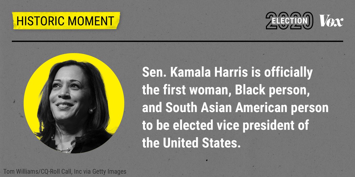 voxdotcom's tweet photo. Sen. Kamala Harris and Joe Biden have won their bid against President Donald Trump and Vice President Mike Pence, per Decision Desk.⁠ ⁠

No woman has ever served as vice president in the US before. https://t.co/ioaCGUfK3t https://t.co/ZENh8zZEMD