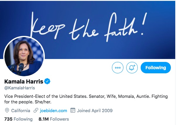 The first female Vice President-Elect has updated her Twitter bio