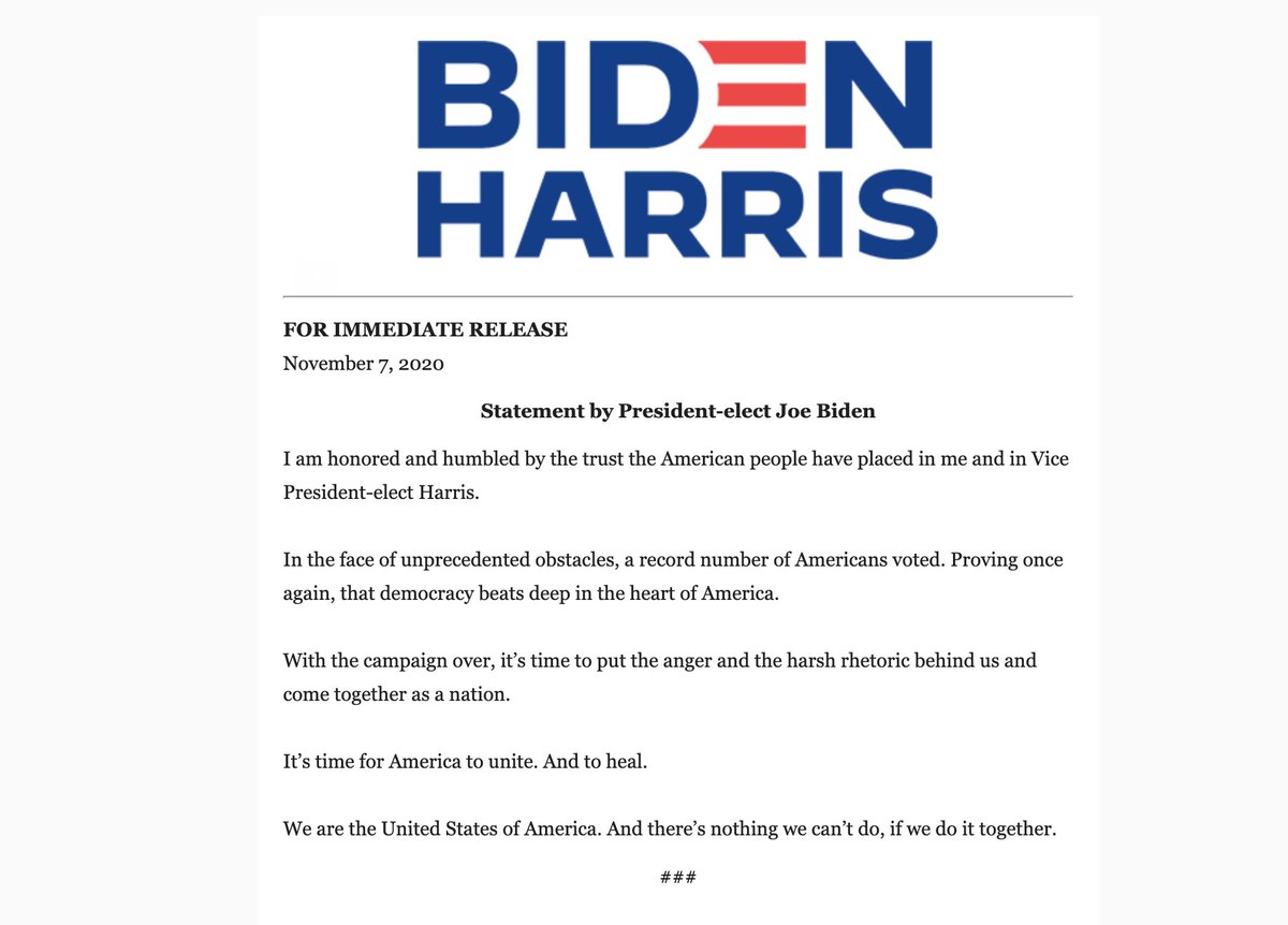 business's tweet photo. Statements from both Joe Biden and Donald Trump after Biden was projected to win the presidency https://t.co/CYmOoh9rtO https://t.co/ak8VCdKKg4