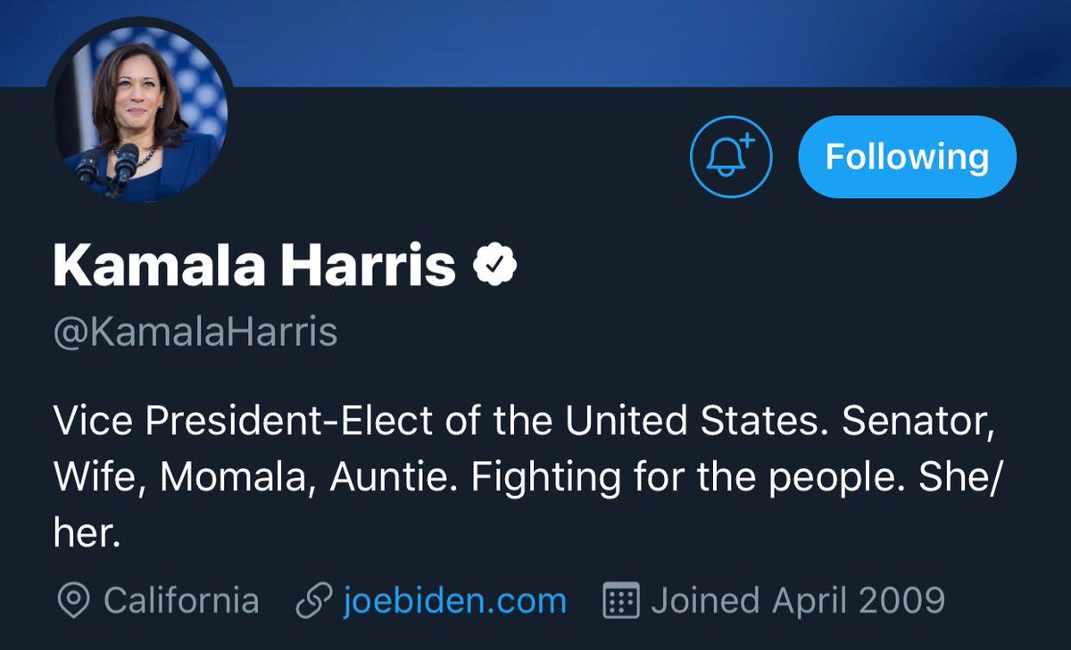 newswatchplusph's tweet photo. LOOK: Joe Biden and Kamala Harris’ Twitter descriptions now say ‘President-Elect’ and ‘Vice President-Elect’ respectively. | @YsabelwithaWhyy https://t.co/q8cEYdBzqF