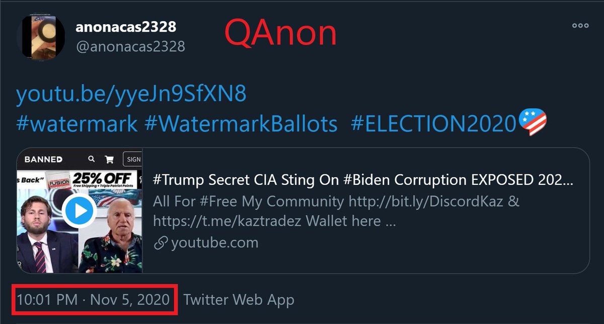 7/10At 10:01pm on Nov 5th, after watching the Pieczenick Shroyer  #WarRoom expose,  #QAnon makes the first  #watermark hashtag.