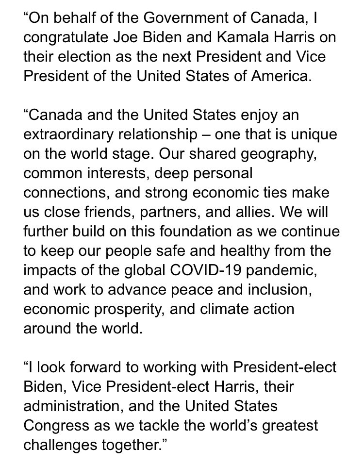 AbigailBimman's tweet photo. Prime Minister Justin Trudeau’s full statement on the Joe Biden win 👇 https://t.co/Q0bsWPpzCo