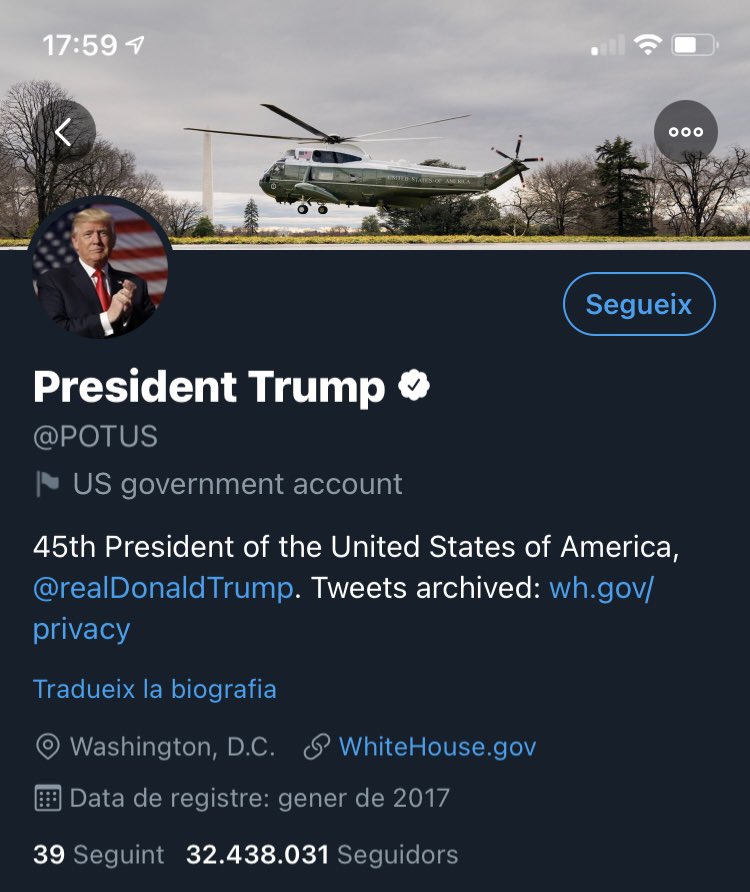 martaroquerols's tweet photo. Baixarà o pujarà de seguidors ara que la compta de #POTUS passarà a #Biden? 
És de fa uns anys però per si algú s’ho pregunta...👉🏻 https://t.co/96jSXb8m4A https://t.co/IOxXsIC8vq