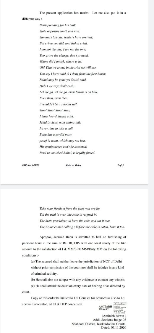 dsham333's tweet photo. *Bail order, District Court, Karkardomma,  New Delhi.*
*The judge has actually written poetry.*
😂 😂 https://t.co/tJ0D9nsZy4