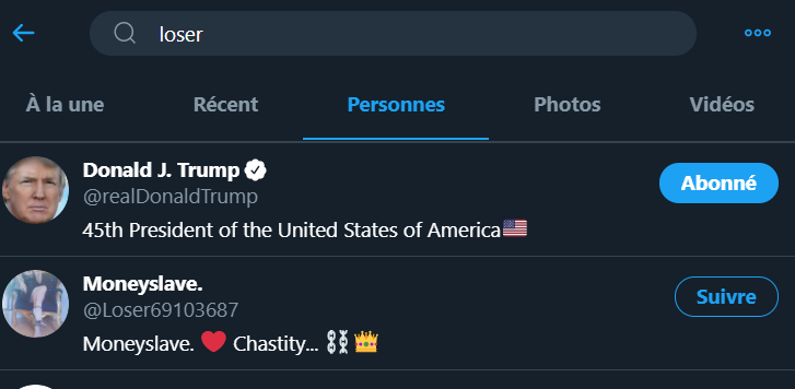 Mediavenir's tweet photo. 🇺🇸 FLASH - Le profil de Donald #Trump apparaît désormais en première page des suggestions de personnes pour le mot-clé "loser" sur le réseau social #Twitter. #Election2020 #Election2020results https://t.co/Mu5oOByTuG