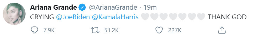 Singer Ariana Grande celebrates Biden and Harris' win: THANK GOD