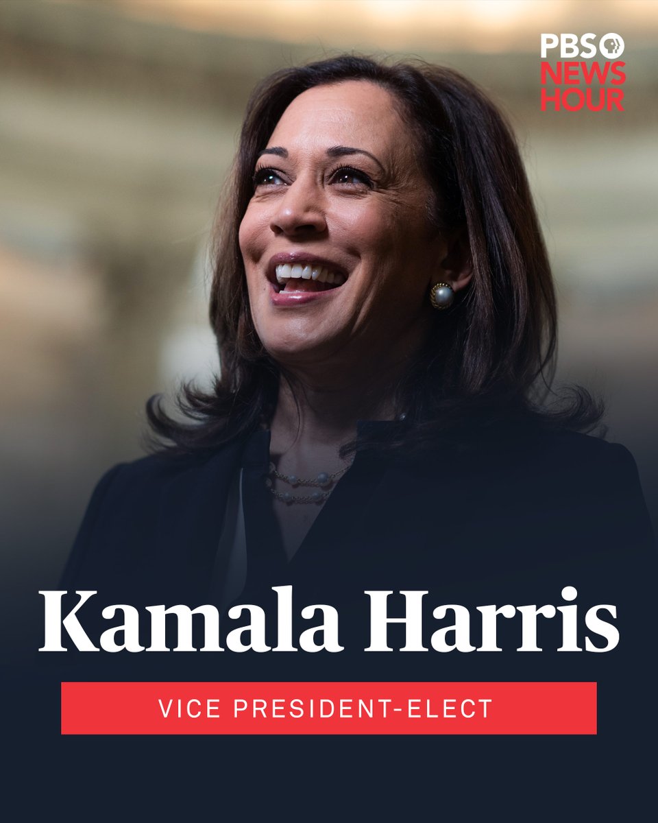 PBS's tweet photo. Kamala Harris will become the next vice president of the United States. Harris will break several barriers — she will become the first woman to become vice president, and the first Black person and the first South Asian American to fill that role. @NewsHour https://t.co/E9UPvSzD7x