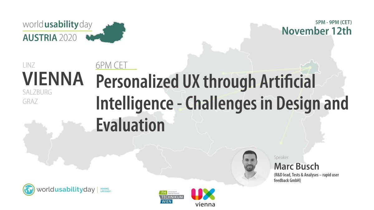 uxgraz's tweet photo. Coming up next at the #WUDAustria:
Personalized #UX through #AI - Challenges in Design and Evaluation
@UXvienna @FHTechnikumWien
15 minutes to go!
Join via https://t.co/x8OQd9gVag or via Zoom (link available on https://t.co/JkCT6Gqph9)
#WUD2020 #WorldUsabilityDay #UXWien https://t.co/9QH8tHvVrW