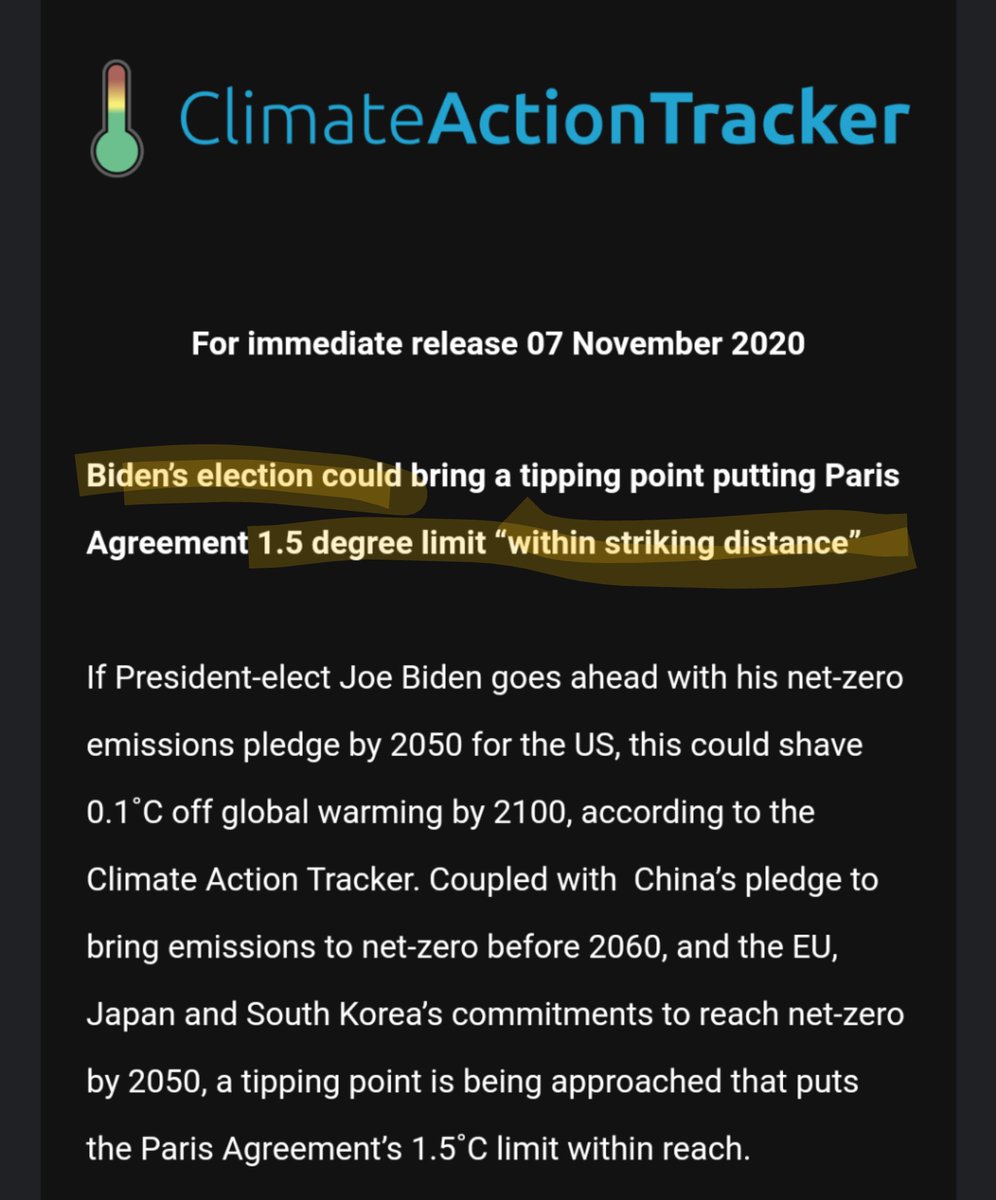 Biden victory puts 1.5C "within striking distance" says <a href="/climateactiontr/">ClimateActionTracker @catclimate.bsky.social</a>