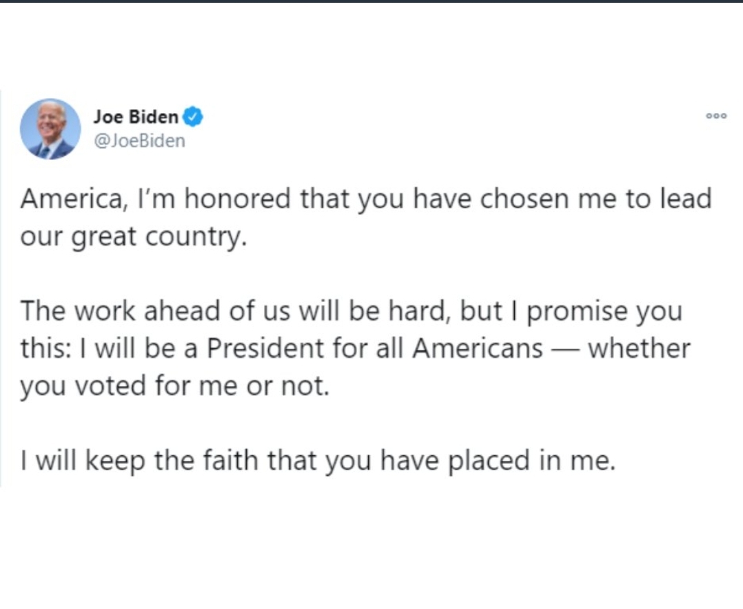 MrFrankBaraan's tweet photo. JOE BIDEN IS NOW GOING TO BE 46TH PRESIDENT OF AMERICA!🙏

Meanwhile, Trump still refuses to concede, &amp; continues to undermine American democracy by propagating bombastic conspiracy theories of election fraud w/ ZERO EVIDENCE.

BYE, DONALD!

WELCOME, MR. PRESIDENT-ELECT BIDEN!🤩 https://t.co/SzHGfiGu8o