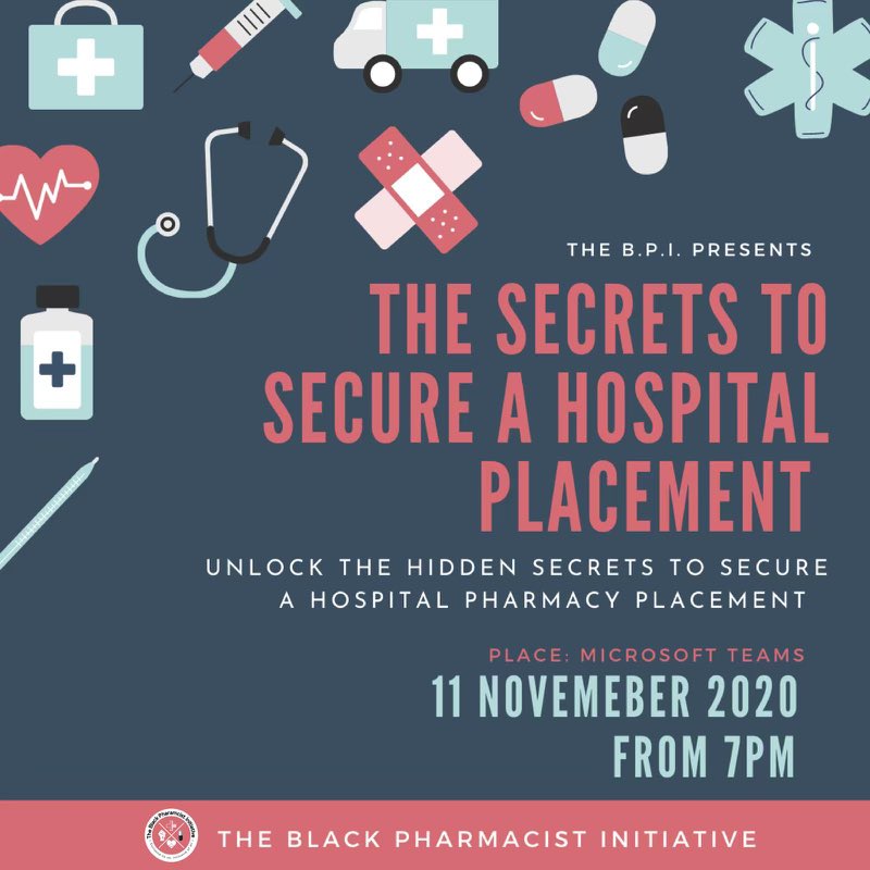 Do YOU want specialist advice on how to secure work experience for #MPharm students? 🏥 💊 

We will be hosting an event on Wednesday, Nov. 11 to equip students with the tools &amp; advice required to secure a good hospital placement. Get your tickets! ⬇️

🔗: eventbrite.co.uk/e/black-pharma…