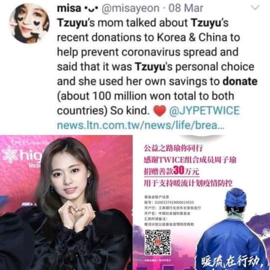 Tzuyu donated a total of 100M won both in Korea and China. She used her own savings to help.