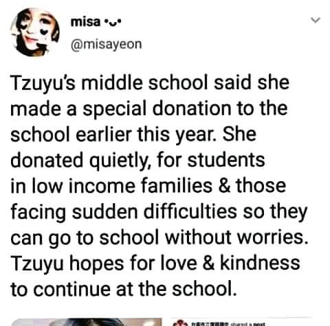 Tzuyu cared for the students and their families enough to made a special donation for them.