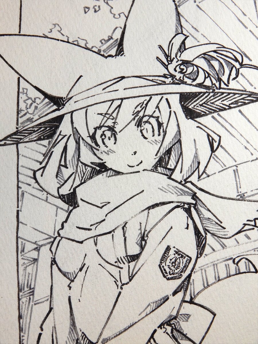 線画。キャラの線を描いた後に背景のラフを描いたので、途中の写真が撮ってあった。 