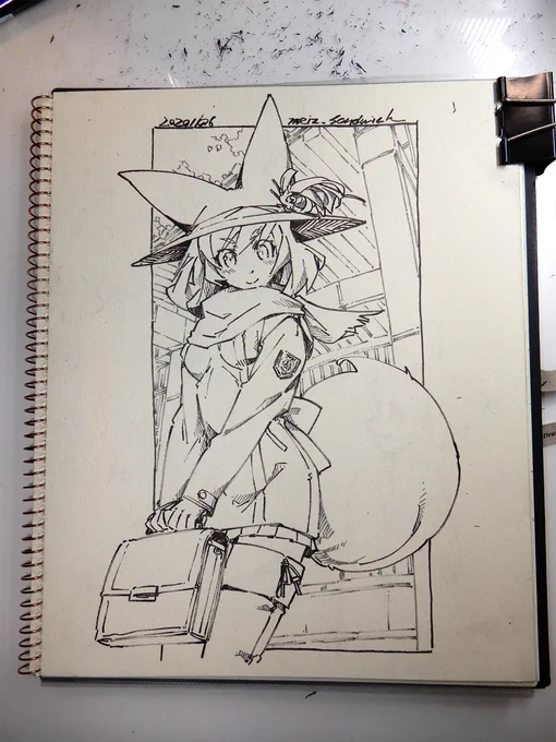 線画。キャラの線を描いた後に背景のラフを描いたので、途中の写真が撮ってあった。 