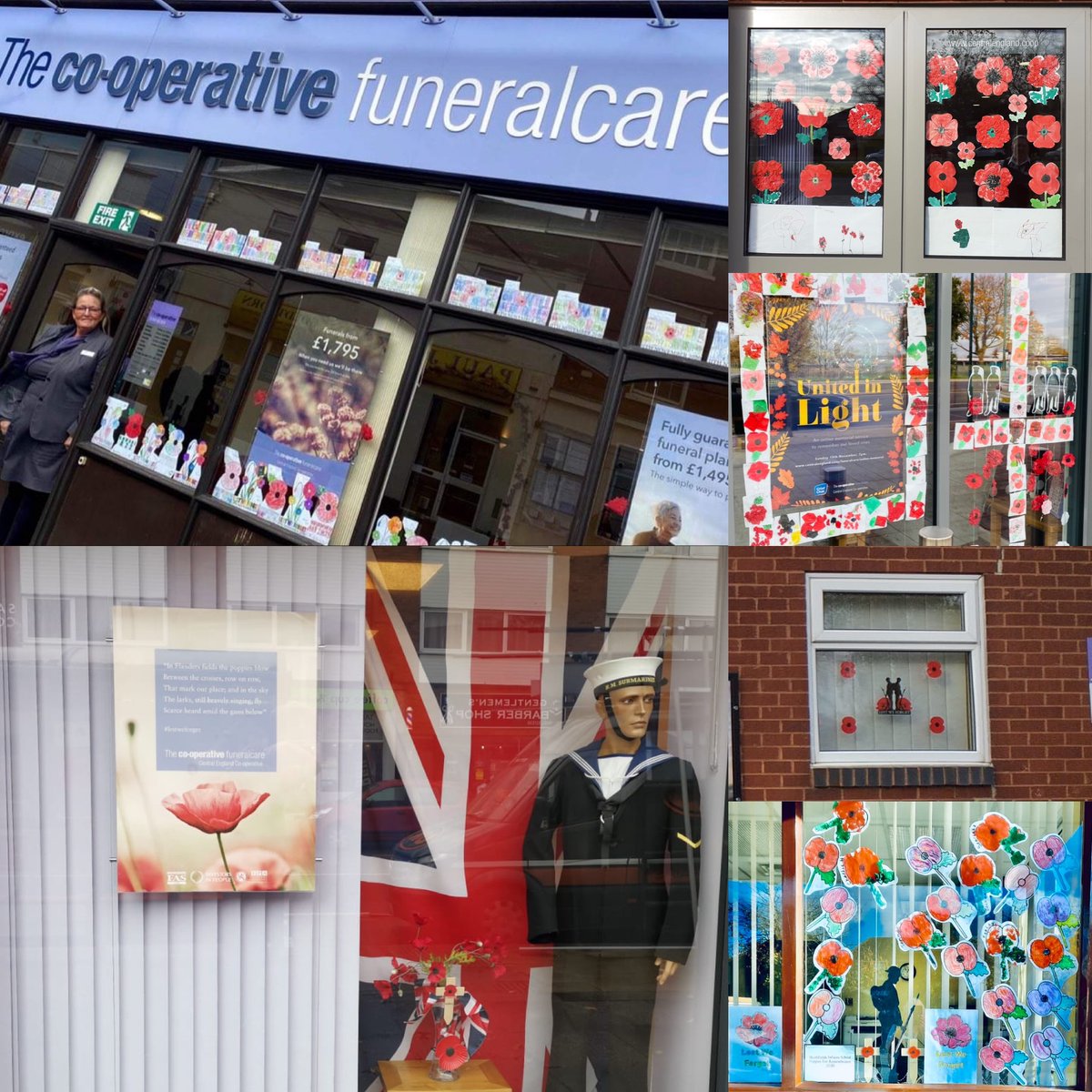 JordanChance90's tweet photo. A collage of some of the beautiful window displays supported by our local young community at funeral homes through out Birmingham in remembrance of our fallen. At the going down of the sun and in the morning; we shall remember them. #LestWeForget #RemembranceDay2020 @PoppyLegion https://t.co/NLGGg4h1Sw