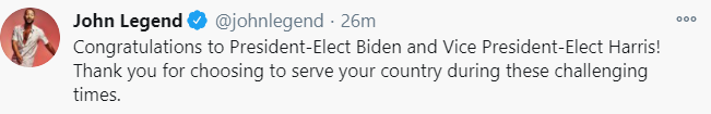 Singer John Legend to Biden and Harris: Thank you for choosing to serve your country during these challenging times.