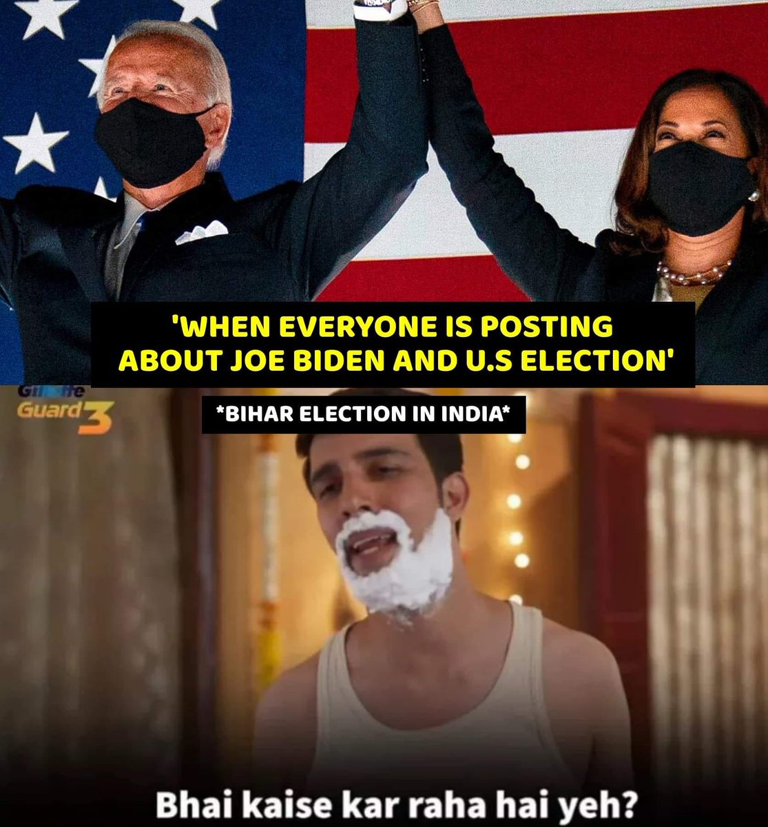 RVCJ_FB's tweet photo. Apne Desh Ke Election Ki Kisi Ko Nahi Padi 😂
#DoneChallenge #Guard3 @gilletteindia #BidenHarris2020 #ExitPolls https://t.co/6Thhrw2Uws