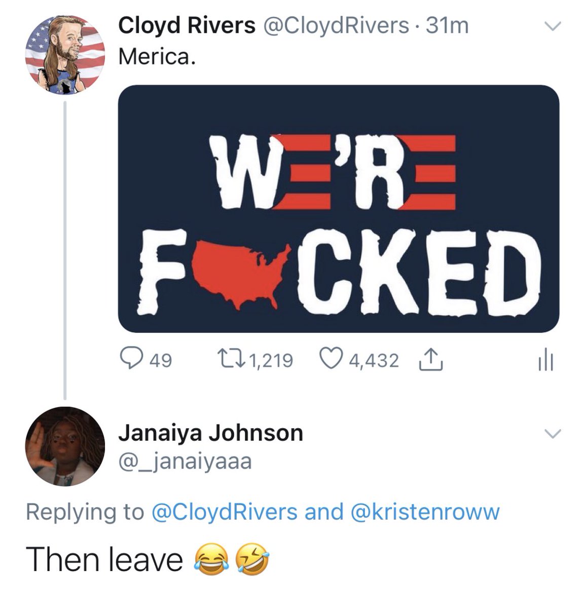 CloydRiversBurn's tweet photo. That’s not how we roll. Republicans don’t throw a fit and “leave” when we don’t get our way. We deal with it, like adults. 🇺🇸🇺🇸 https://t.co/7GVYvCsp3b