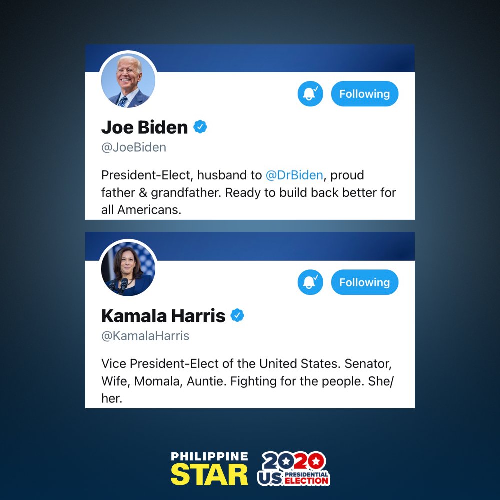PhilippineStar's tweet photo. LOOK: Joe Biden and Kamala Harris have changed their Twitter bio to President-elect and Vice President-elect, respectively. #Election2020 https://t.co/osuwX6xbsx
