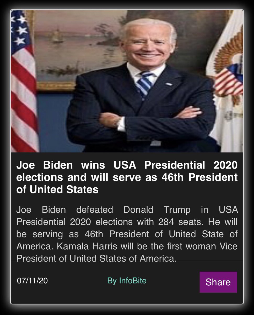 nrs1897's tweet image. Joe Biden will be the 46th President of United States and Kamala Harris will be the first woman to serve as Vice President 🇺🇸
Congratulations @JoeBiden and @KamalaHarris 💯
#USAelection2020 #bidenharis2020 #informationbite
