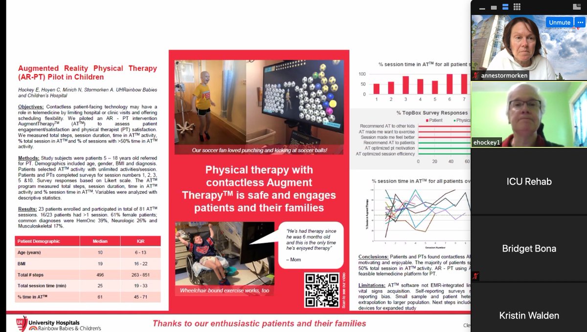 agstormorken's tweet photo. Discussion of @ehockeypt engaging kids in PT with @augment_therapy Pilot shows feasible &amp; engaging with patients &amp; PT. Future study will define "dosing" of PT in hospitalised children &amp; role in telehealth @PICU_Up @ICURehab #PedsICU #IllnessDoesntMeanStillness https://t.co/nXINXooHSW