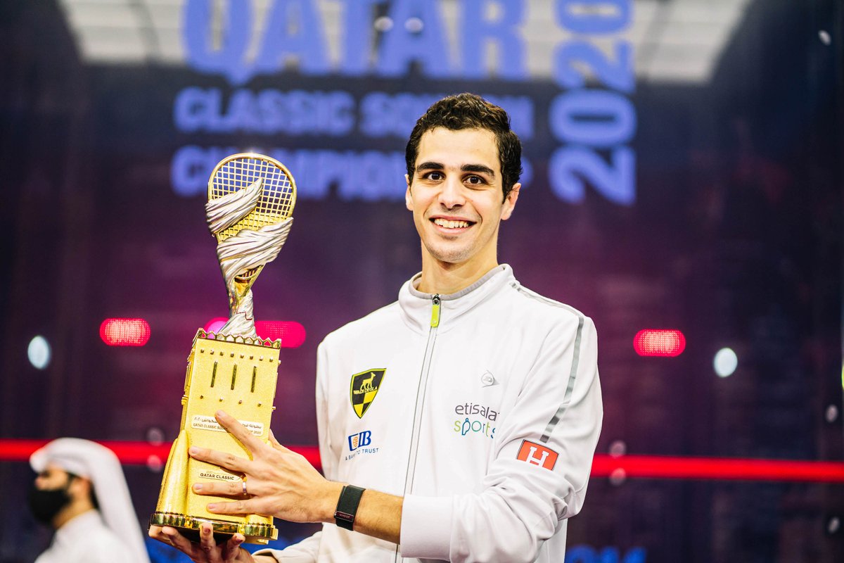 DunlopSquash's tweet photo. He's done it again! 💪

@AliFarag is the 2020 Qatar Classic champ 🏆

#TeamDunlop https://t.co/f1PlfvqCwv
