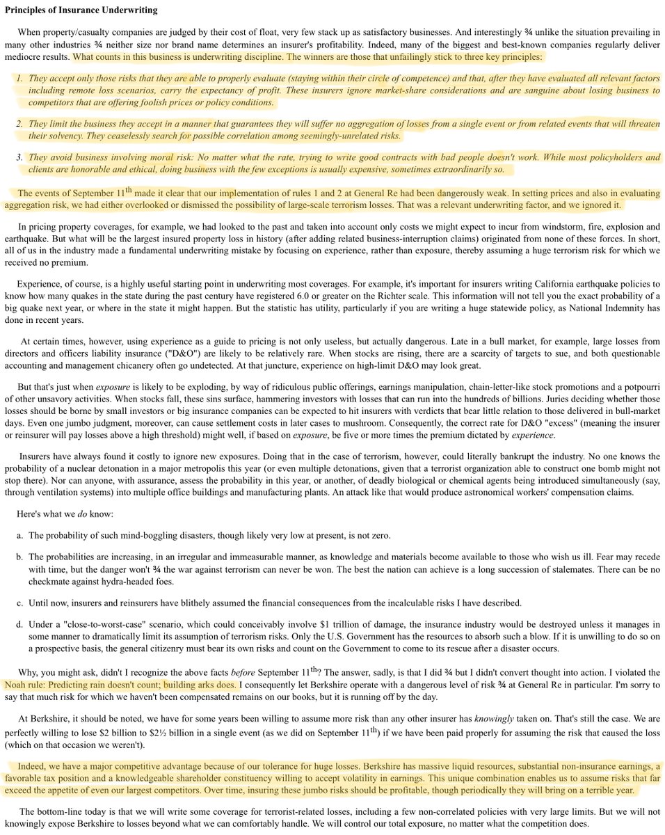 35/I also recommend reading Buffett's 2001 letter, which delves into how insurers should think about risk aggregation and correlated tail risks across a policy portfolio.For some reason, in subsequent letters, Buffett removed the part about correlations. I wish he'd kept it.