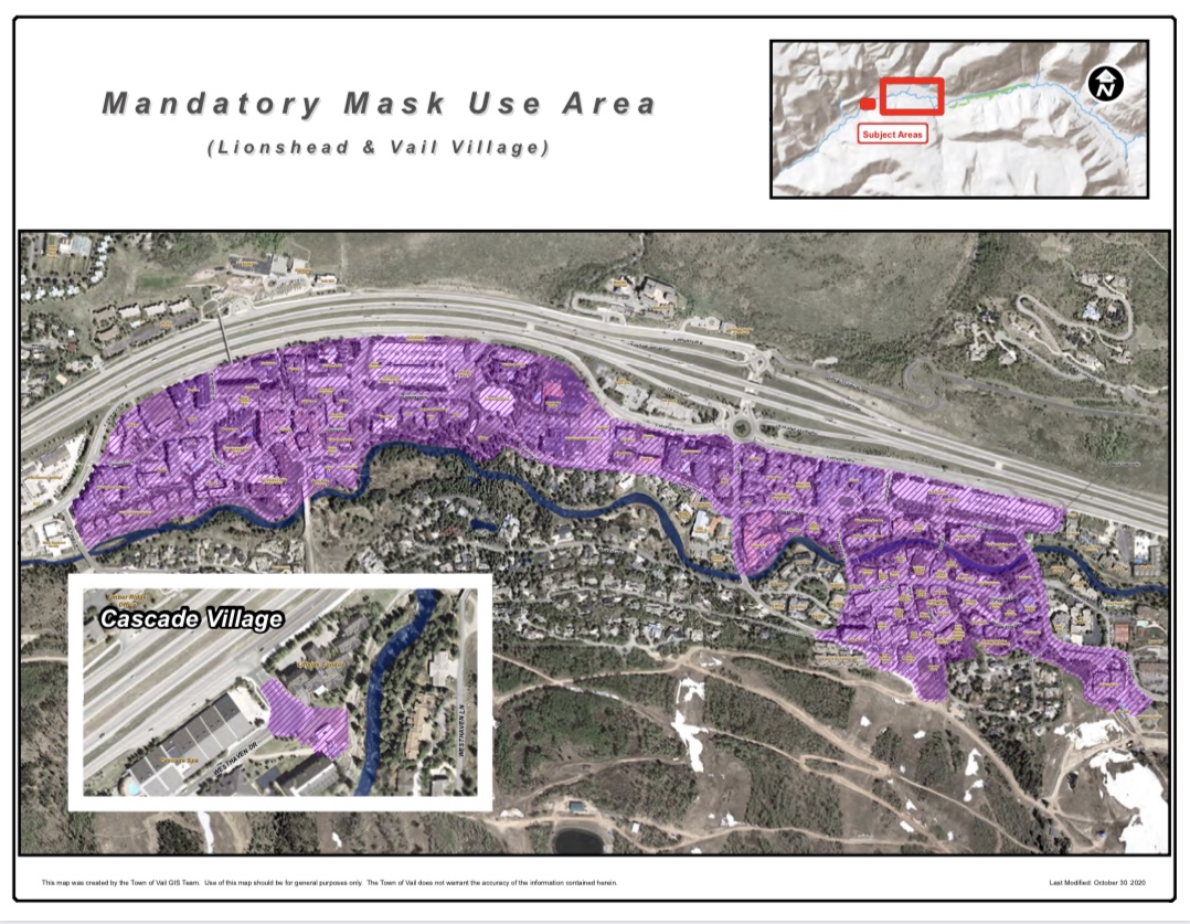 VailGov's tweet photo. The mandatory mask zones are now in effect in designated areas of Vail Village, Lionshead, Golden Peak and Cascade Village.

#KeepVailSafeandOpen #VailStrong https://t.co/JkI3chgXsU