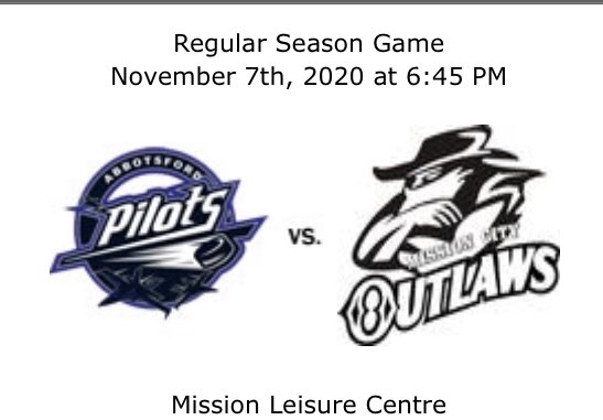 Outlaws_PJHL's tweet photo. The 2nd half of this weekend’s home ice battles goes tonight in Mission. 
Still no fans, no official broadcast, tune in for Facebook Live! @Outlaws_PJHL @AbbyPilots 
#lawz #pilots #gameday #OneTeamOneGoalOneMission https://t.co/7qzyo7v8U8