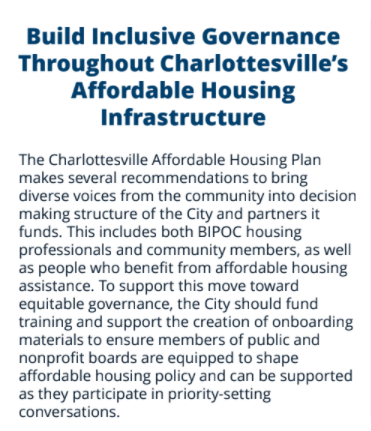 Next is a systemic effort to improve and support inclusive governance across the City's affordable housing infrastructure. Many pieces of this exist on an ad hoc unpaid volunteer basis or in currently unstaffed city positions but that can be tenuous.