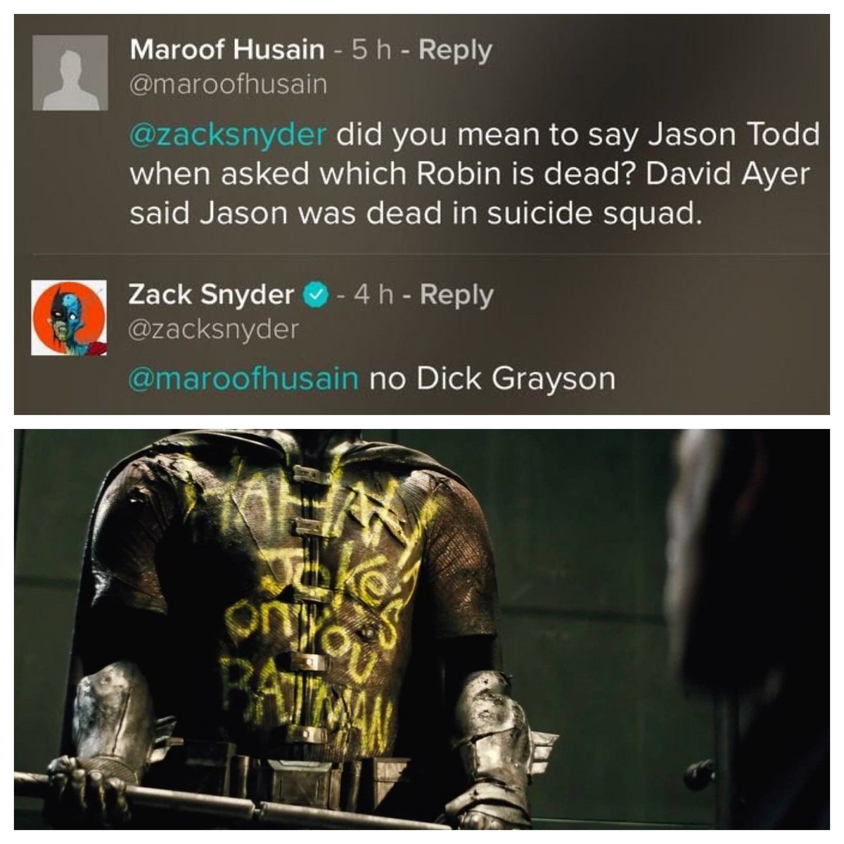 the_knaves's tweet photo. I’ve seen some people still talking about dead Robin topic in general lately , so I’m just going to say it one more time 

The Robin that Joker killed was Dick Grayson , not Jason Todd - Joker killed Dick Grayson , This has been confirmed by Zack Snyder himself end of discussion https://t.co/XvFAc2nBYl