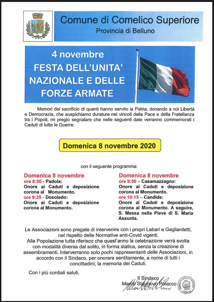 ComelicoSup's tweet photo. DOMENICA 8 NOVEMBRE 
A causa dell'emergenza da Covid-19 il ricordo ai nostri caduti verrà celebrato da un gruppo ristretto di amministratori comunali e rappresentanti delle forze armate. Lo faremo con forte sentimento a nome di tutta la popolazione https://t.co/Xrc6Rkbfi6