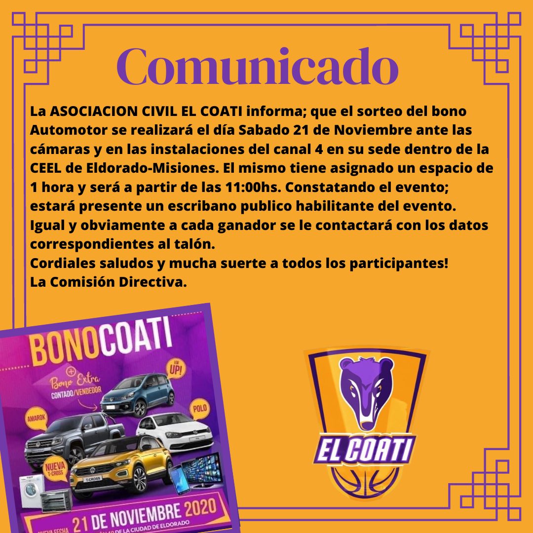 ElCoatiBasquet's tweet photo. 📣Comunicado oficial con respecto a la realización del Sorteo del Gran Bono Anual El Coati📣

¡Muchas gracias a todos los que siguen colaborando con nosotros! 

🟣Todavía pueden adquirirlo🟡 Sortea el 21 de noviembre 📣 https://t.co/3wqUx0juY7