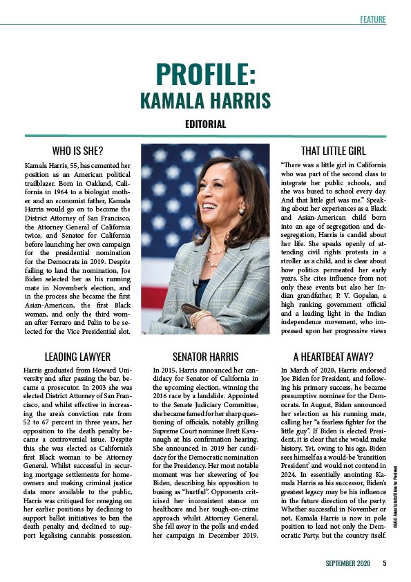 Kamala Harris is the Vice President-elect and will be the first woman and person of colour to hold this position, but who is she?

Here’s our Profile from the latest Perspectives Magazine.