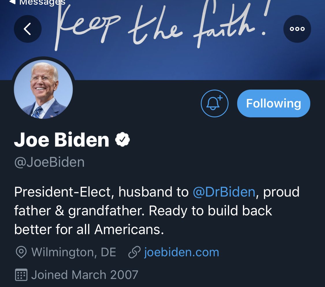 BretBaier's tweet photo. President-elect @JoeBiden and Vice President- elect @KamalaHarris update their @Twitter bios: https://t.co/pEUZmHMQA2