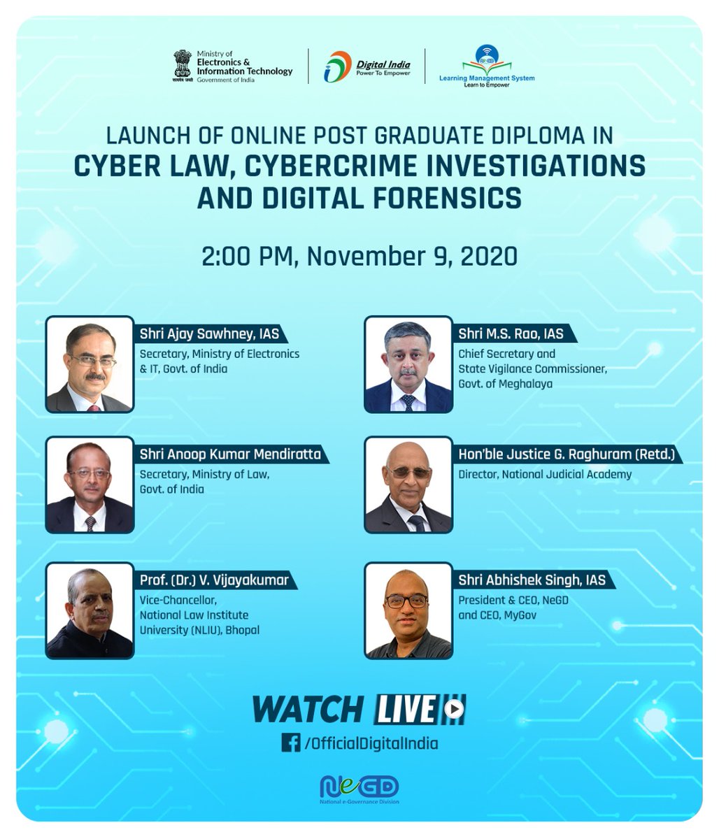 Digital India (@_digitalindia) on Twitter photo A unique opportunity for tech professionals! 'Online PG Diploma in Cyber Law, Cybercrime Investigations and Digital Forensics' is being offered through <a href="/_DigitalIndia/">Digital India</a>' Learning Management System, an initiative by <a href="/NeGD_GoI/">National e-Governance Division</a>.
Watch the launch event live - facebook.com/OfficialDigita… A unique opportunity for tech professionals! 'Online PG Diploma in Cyber Law, Cybercrime Investigations and Digital Forensics' is being offered through <a href="/_DigitalIndia/">Digital India</a>' Learning Management System, an initiative by <a href="/NeGD_GoI/">National e-Governance Division</a>.
Watch the launch event live - facebook.com/OfficialDigita…