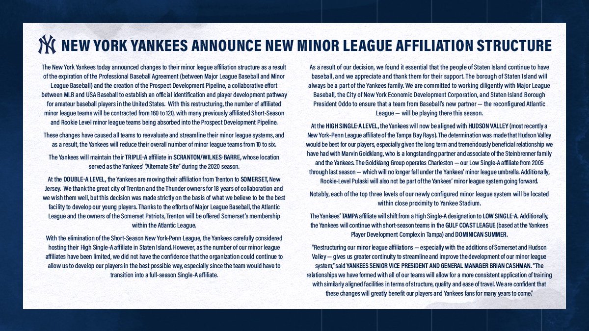Yankees's tweet image. Statement from the New York Yankees regarding their new Minor League affiliation structure.