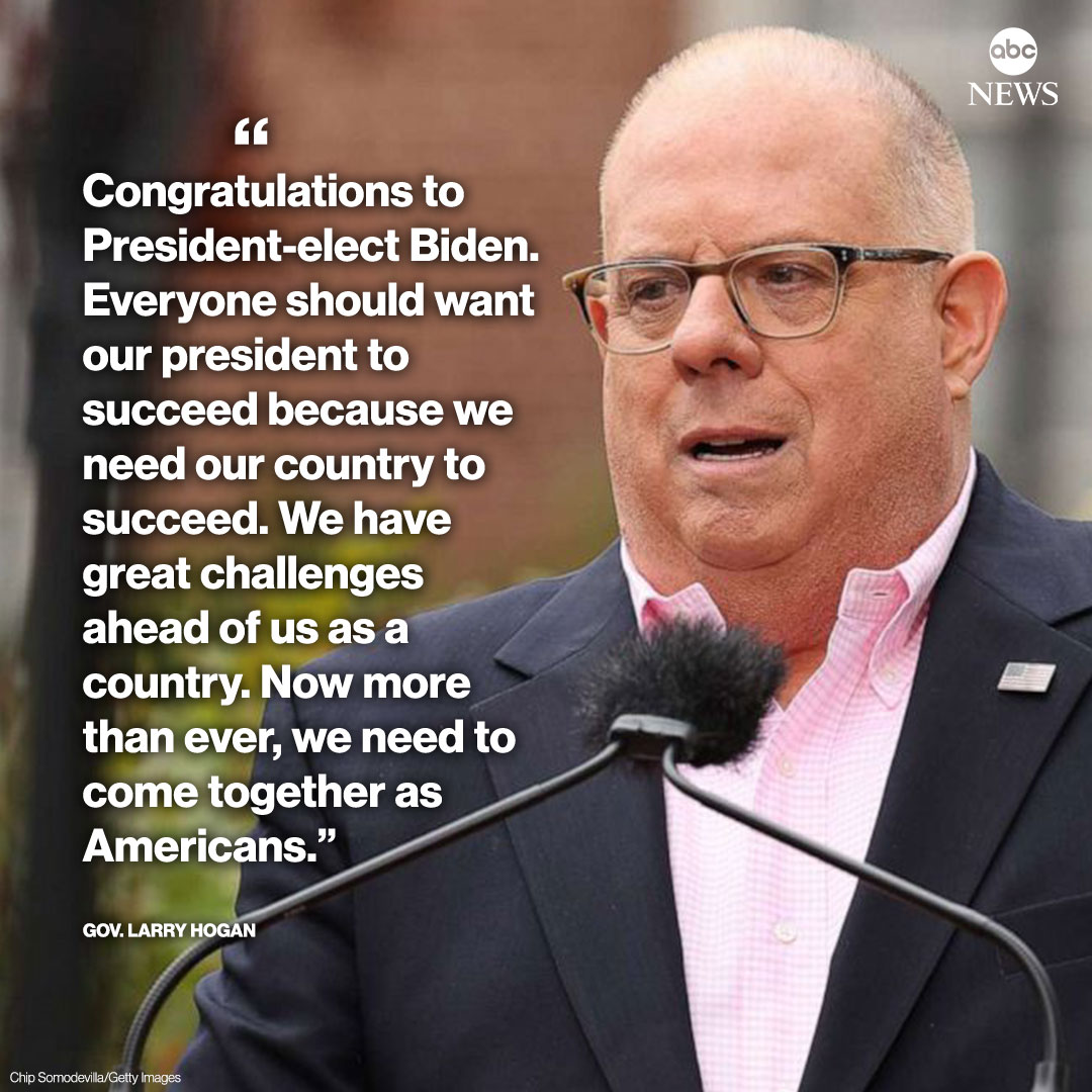 ThisWeekABC's tweet photo. Larry Hogan, Republican governor of Maryland, congratulates Joe Biden: "Everyone should want our president to succeed because we need our country to succeed." https://t.co/ZIRoZVrpKs https://t.co/Fh5jFX4aT3