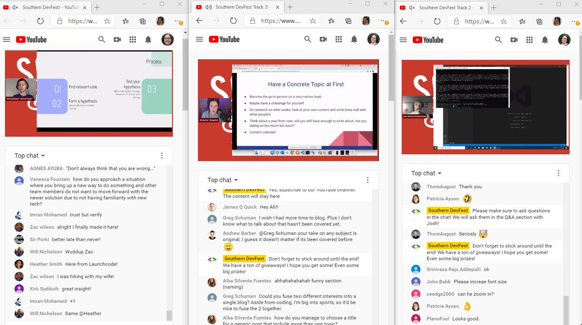 lvcoulter's tweet photo. It's impossible to choose! The mute tab feature has come to my rescue and I can bounce between. @GDGColumbia #GDG #WTM #Devfest #devfest2020 #southerndevfest Check out https://t.co/sAWqYYhdI5 if you want to jump in. Still lots of speakers to go! https://t.co/Cq2x8Jw9IN