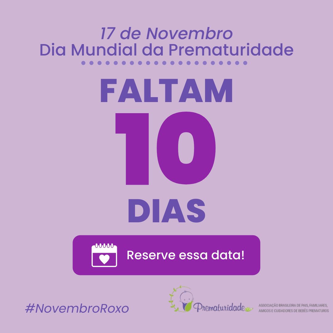 _prematuridade's tweet photo. Estamos em contagem regressiva: faltam apenas 10 dias para o #DiaMundialdaPrematuridade! 🤩 E contamos com a sua interação pela hashtag #NovembroRoxo! 📅💜 #prematuridade #prematuro #worldprematurityday20 #wpd20 #juntospelosprematuros #cuidandodofuturo https://t.co/DLQOIzfXQW
