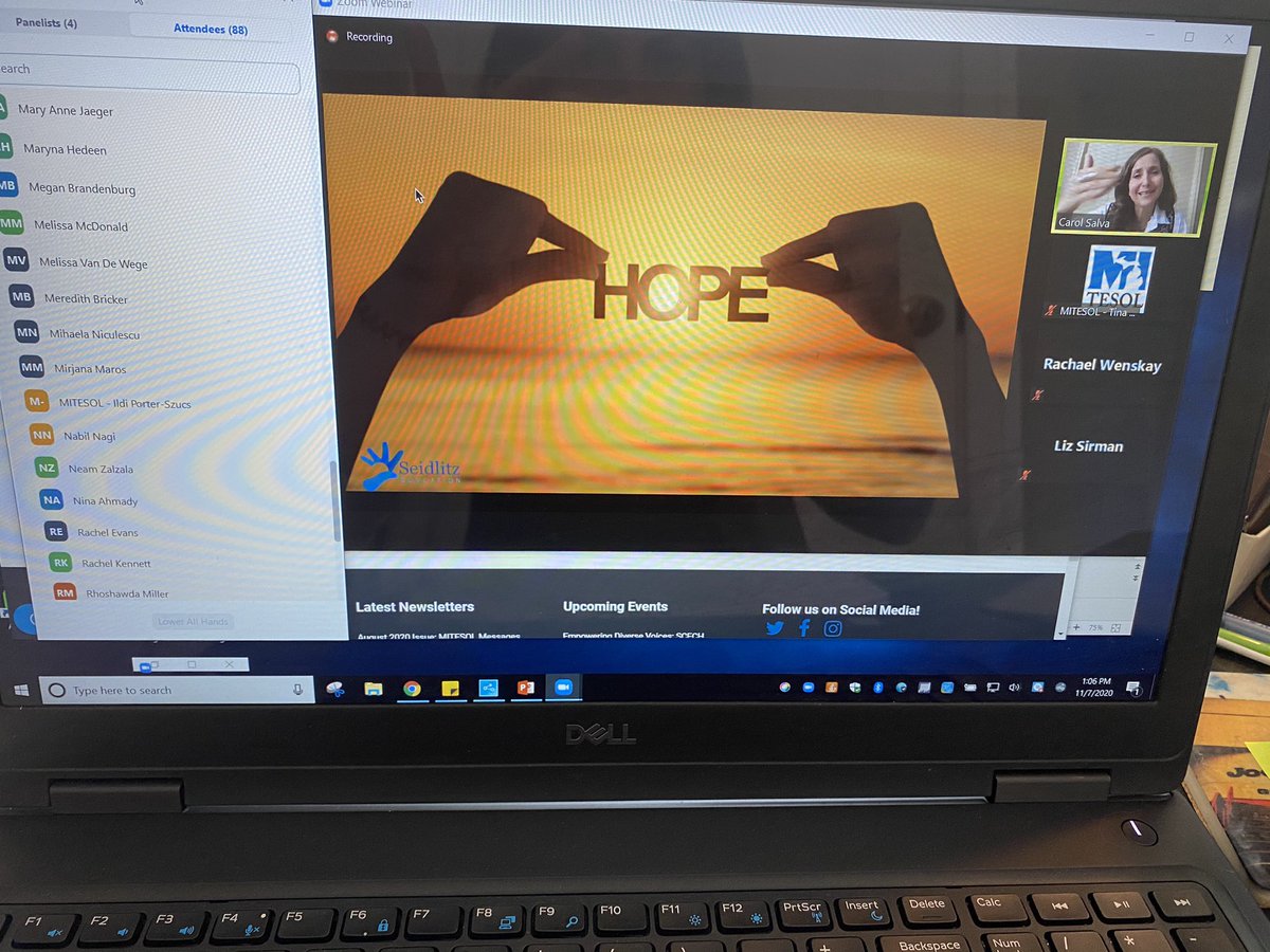 DrKoz13's tweet photo. "You're the hope" @MsSalvac Featured speaker offering us HOPE #MITESOL2020 @mitesol 93 joining us on this amazing Saturday! https://t.co/vkAarPmoYZ