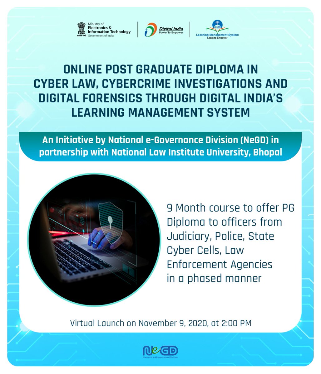 Digital India (@_digitalindia) on Twitter photo Watch the launch of 'Online PG Diploma in Cyber Law, Cybercrime Investigations and Digital Forensics' LIVE on Nov. 9, 2020 at <a href="/_DigitalIndia/">Digital India</a> official Facebook page at 2:00 PM. An initiative by <a href="/NeGD_GoI/">National e-Governance Division</a> in collaboration with <a href="/NLIU_official/">National Law Institute University</a>. Watch the launch of 'Online PG Diploma in Cyber Law, Cybercrime Investigations and Digital Forensics' LIVE on Nov. 9, 2020 at <a href="/_DigitalIndia/">Digital India</a> official Facebook page at 2:00 PM. An initiative by <a href="/NeGD_GoI/">National e-Governance Division</a> in collaboration with <a href="/NLIU_official/">National Law Institute University</a>.
