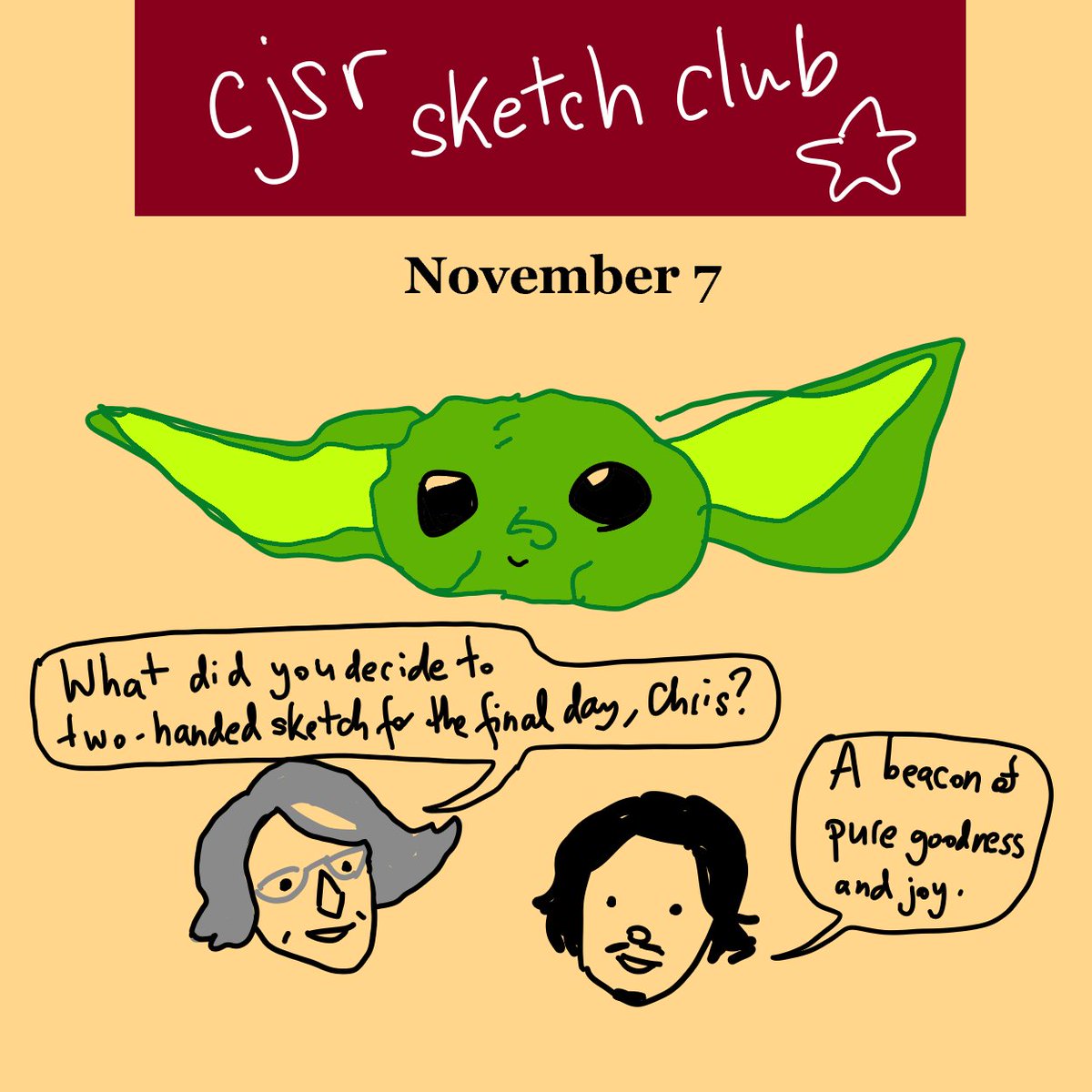 CJSR's tweet photo. The final #CJSRSketchClub challenge: Two-handed sketching. Sketch another self-portrait or anything that is symmetrical. Tape your paper to the table. Hold one pen or pencil in each hand and use both hands at the same time to draw. Thanks for sketching with us! #FunDrive2020 https://t.co/pfm37Tvwco