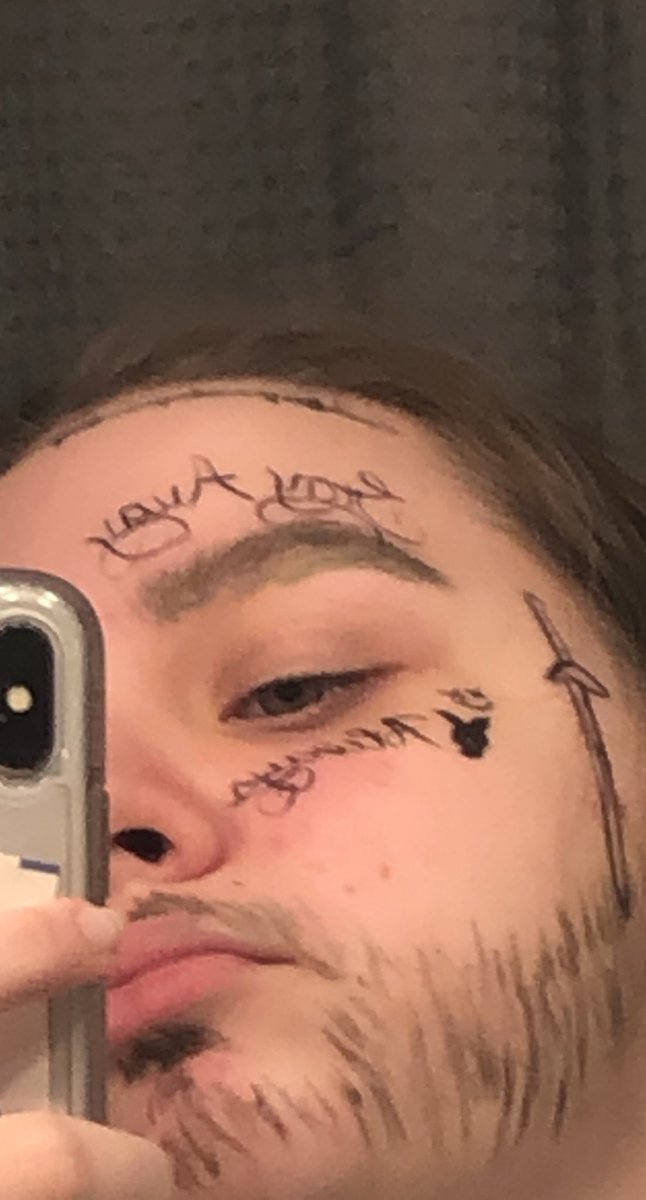 Emtheshortemo's tweet photo. I completely forgot to post these but.... I turned my sister into @PostMalone for Halloween... AND WE STAYED HOME!!! https://t.co/rJNfSSeU9h