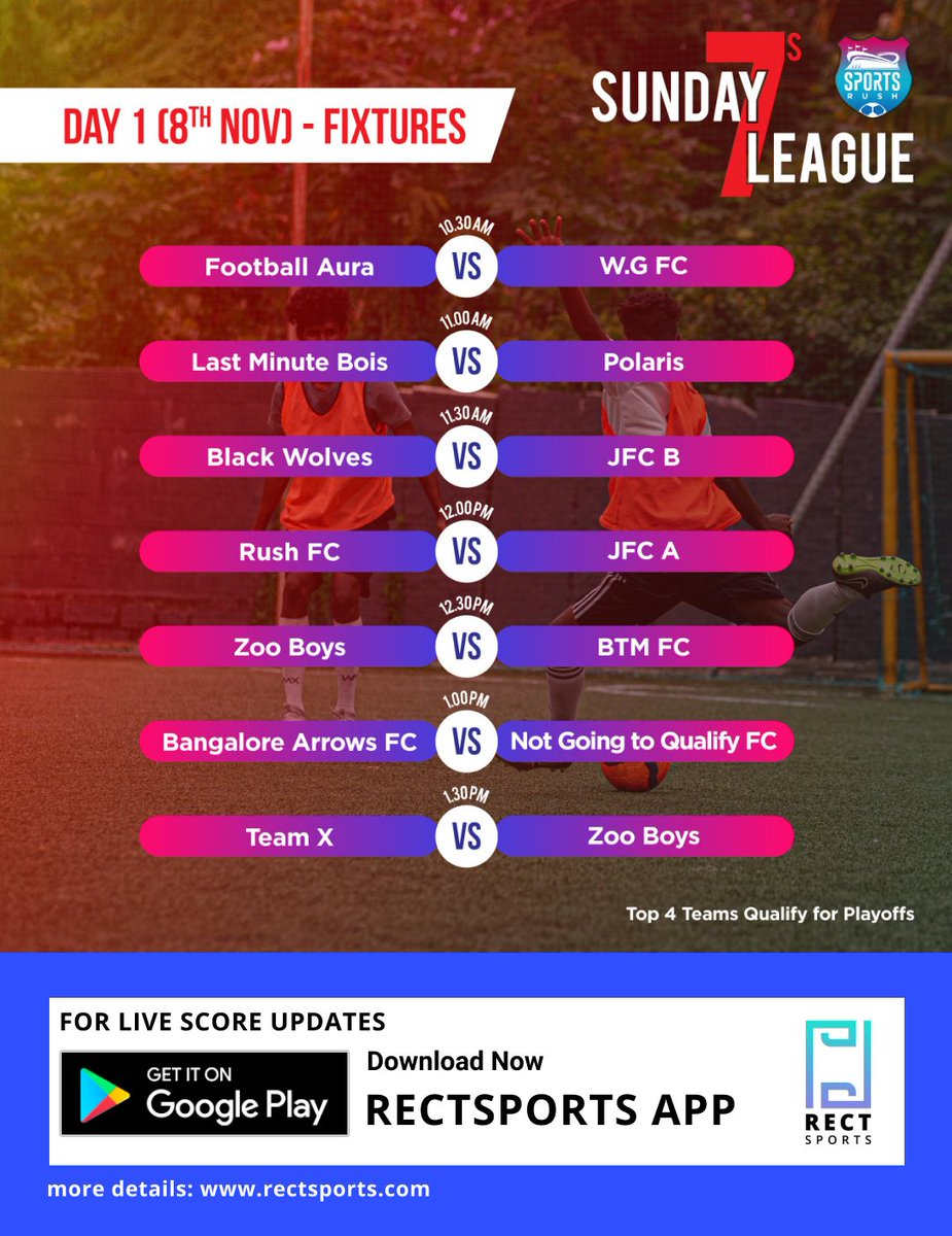 RectSports's tweet photo. 🏆SUNDAY 7S LEAGUE 2020🏆

presented by SPORTS RUSH

📅  Date : 08-11-2020
📍  Venue: Rush Arena Jayanagar

Get the live score updates on RectSports mobile app.

Download now
https://t.co/IhJ8CCHmiE https://t.co/QFi5yC1EVA
