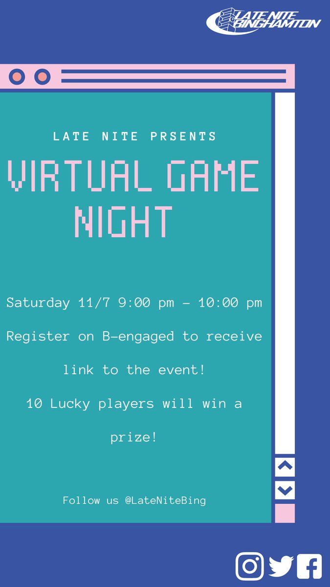 LateNiteBing's tweet photo. Make sure to join us tonight for Virtual Game Night! Register on B-engaged for the link! https://t.co/TmwRIV4C9v