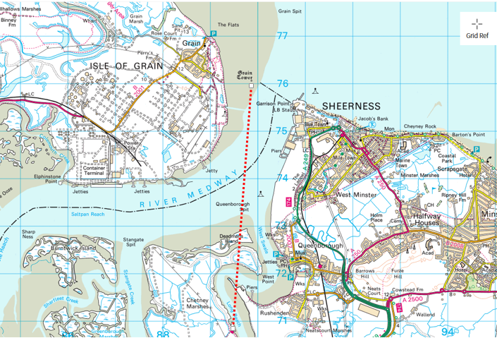 So I checked my  @OrdnanceSurvey map (when is OS going to sponsor me???) (all map images here are from the OS website by the way) and realised with a start that we had a clear line of sight beyond Sheppey's Ladies Hole Point & out to the Grain Fort, which was kind of mindboggling.