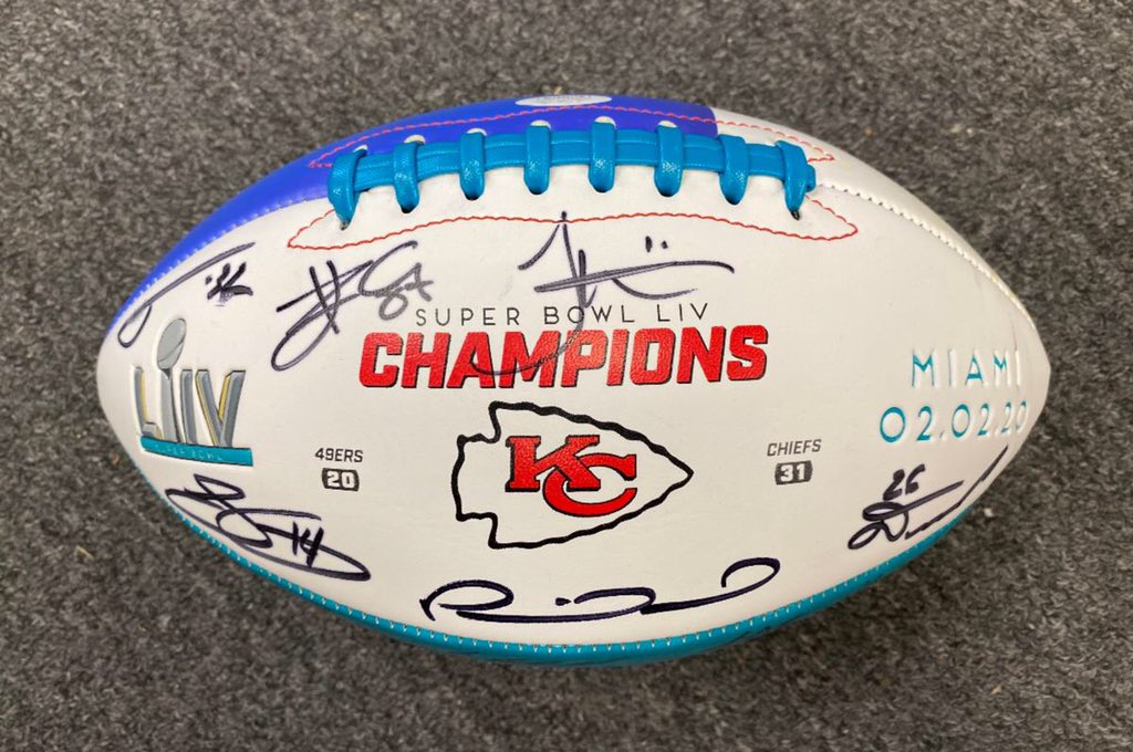 leessummitcares's tweet photo. Holly Festival online auction is live and we’re taking bids on this Super Bowl LIV Champions football signed by Anthony Sherman, Tyreek Hill, Travis Kelce, Tyrann Mathieu, Chris Jones, Patrick Mahomes, and many more! Bid on it now at: https://t.co/wGbTqIgCfj https://t.co/Lm5aZOCgrd